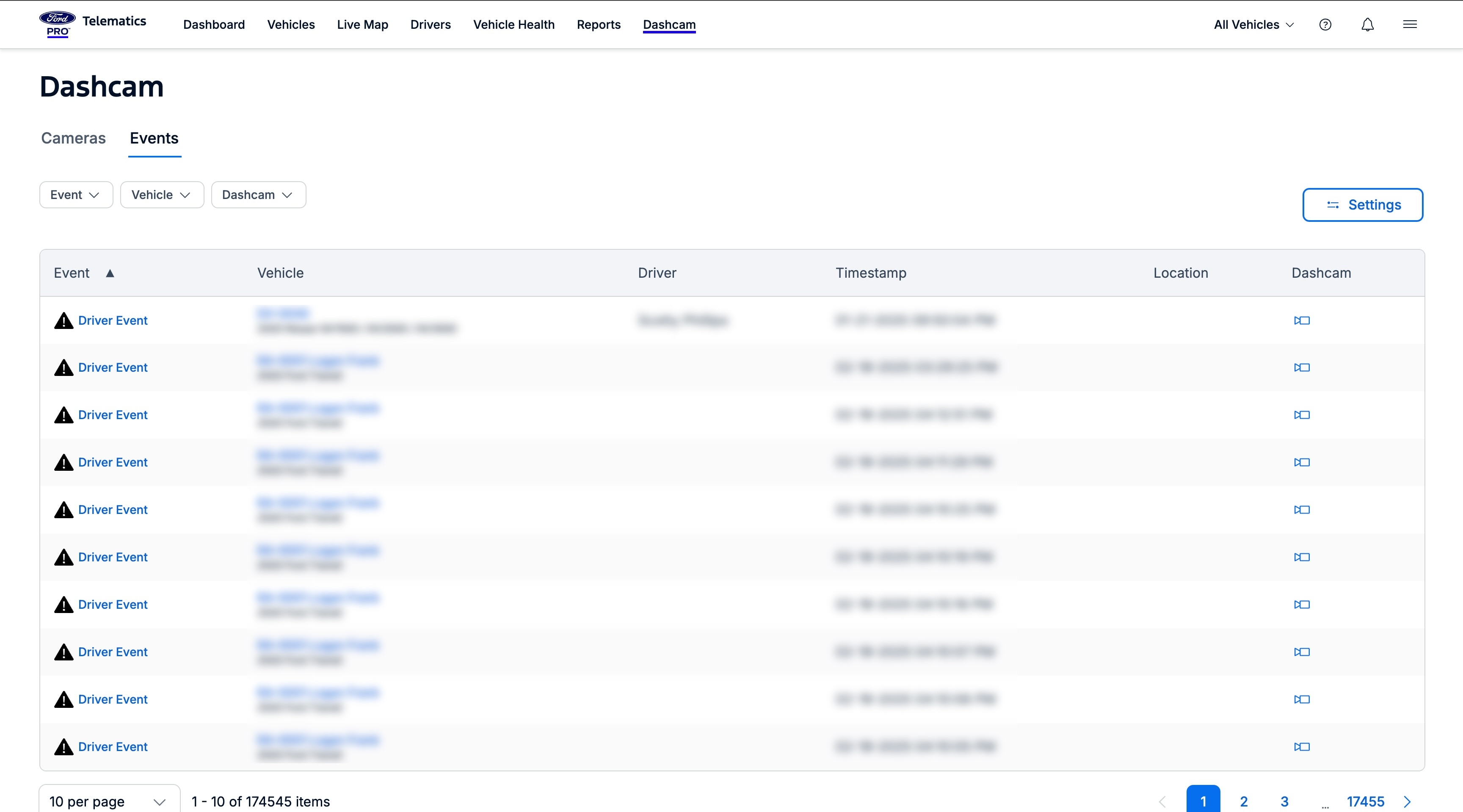 A screenshot of the Events tab in the new Dashcam page.  